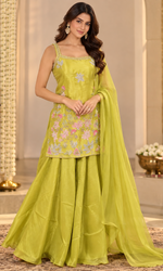 Lime Green Floral Embroidered Palazzo Set