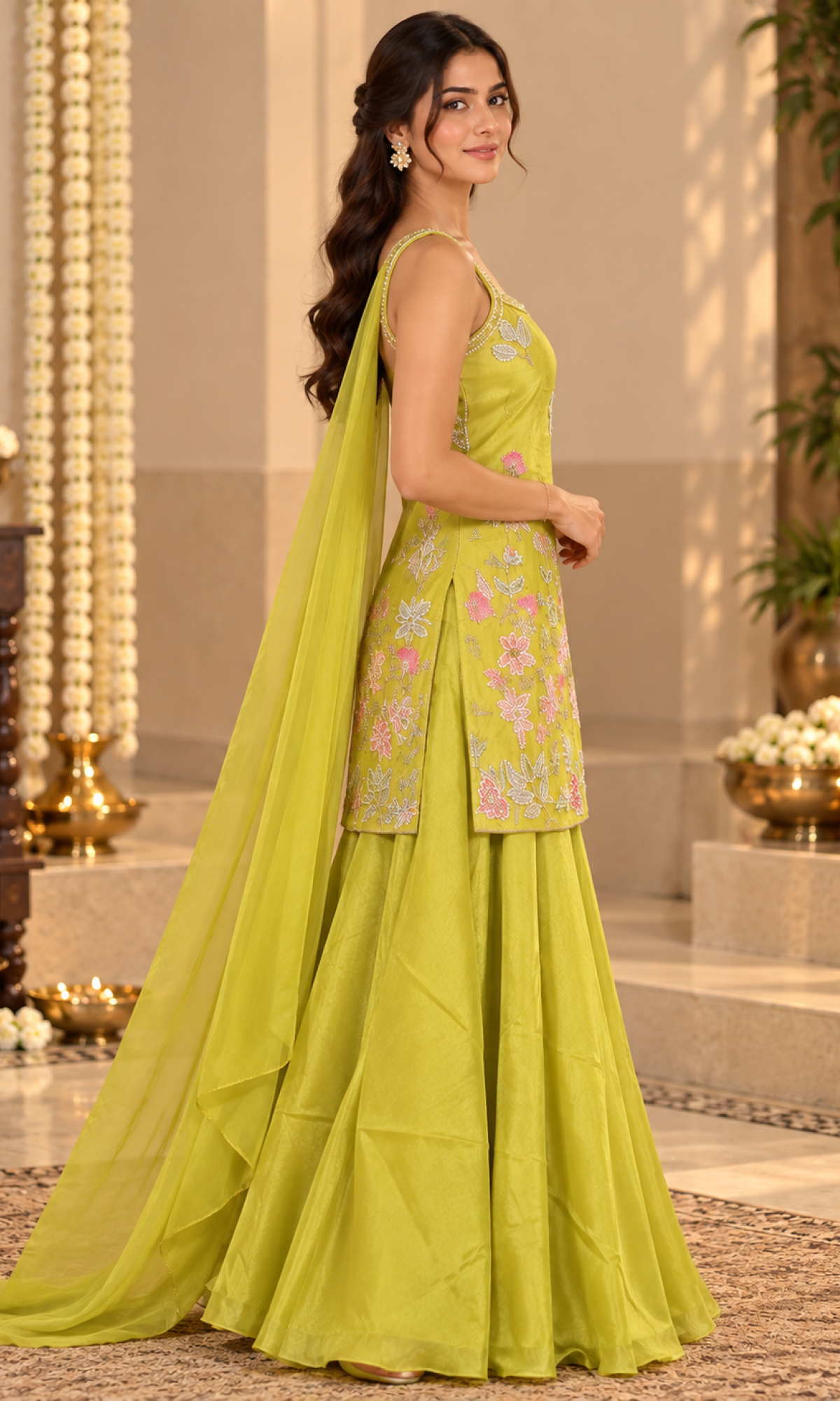 Lime Green Floral Embroidered Palazzo Set