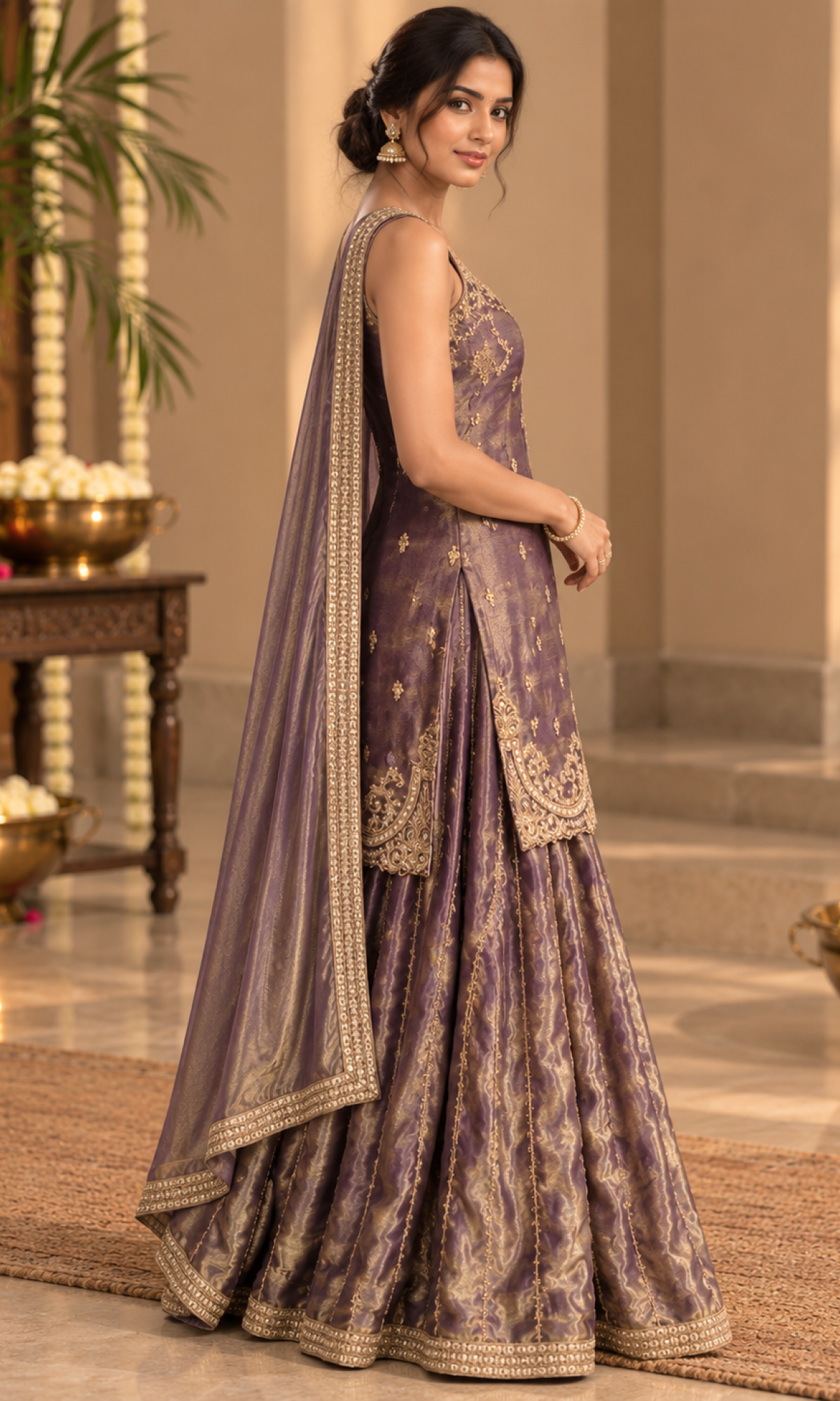 Purple Gold Embroidered Palazzo Set