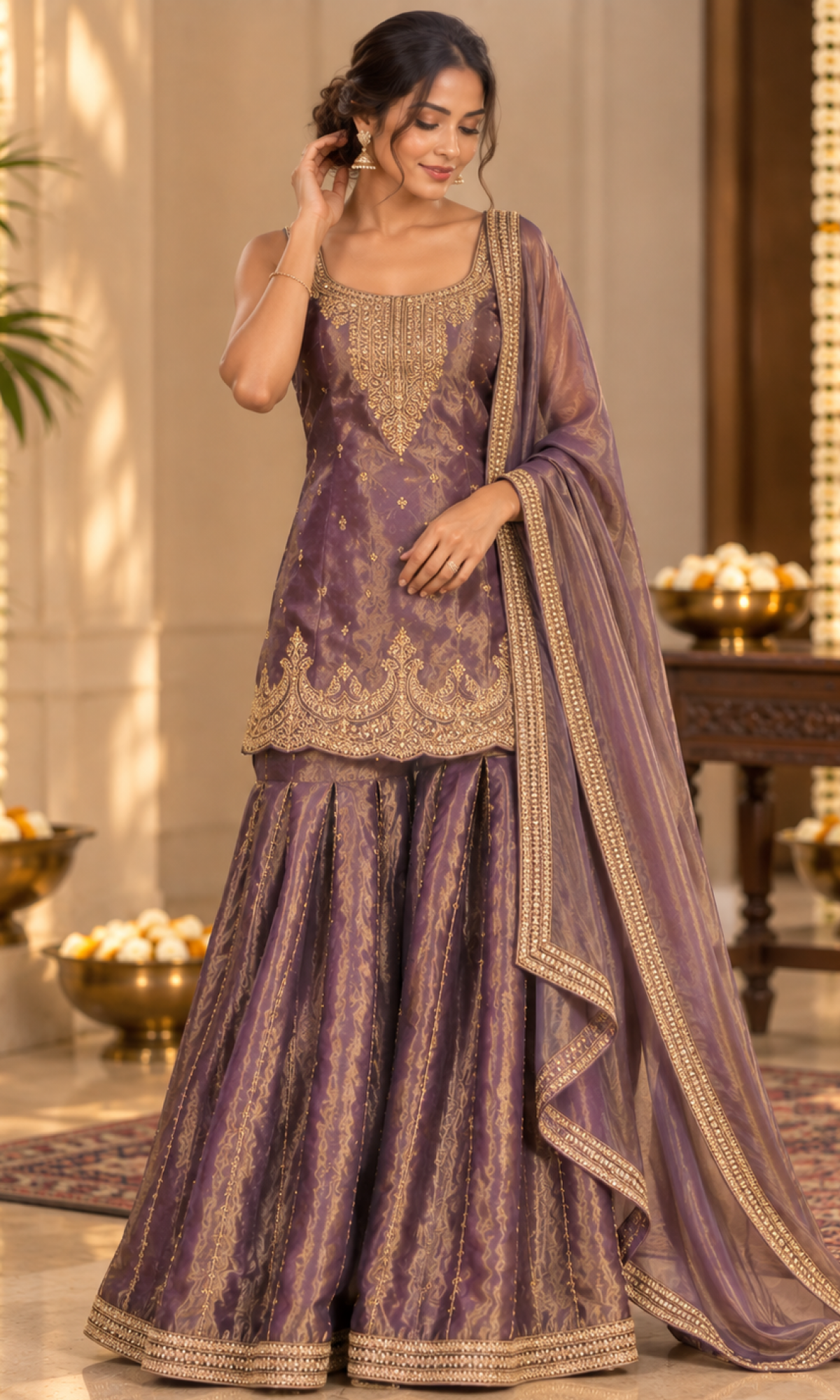 Purple Gold Embroidered Palazzo Set