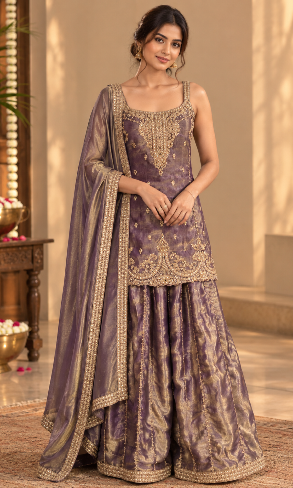 Purple Gold Embroidered Palazzo Set