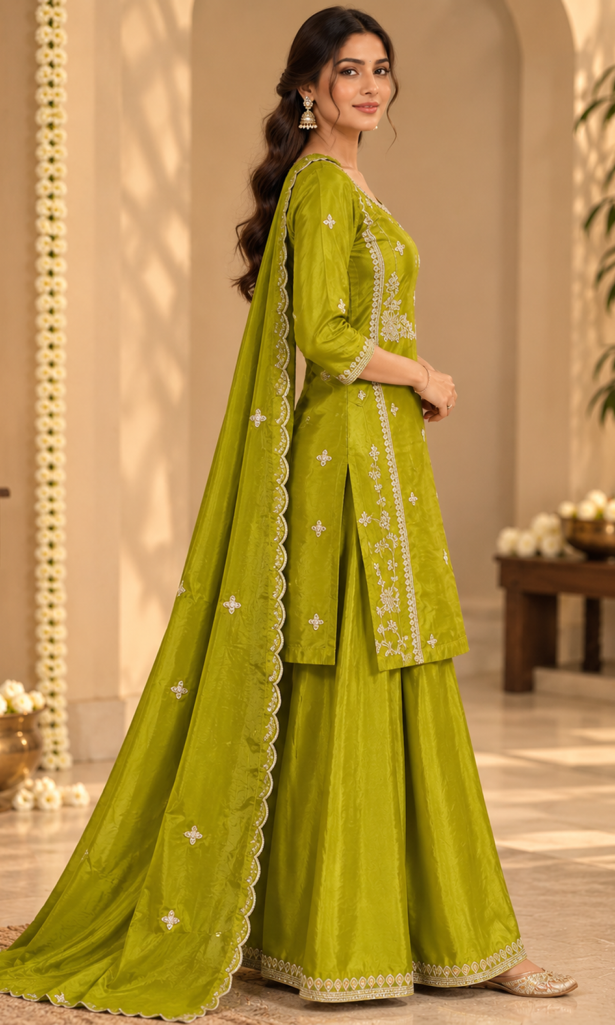 Olive Green Embroidered Palazzo Set