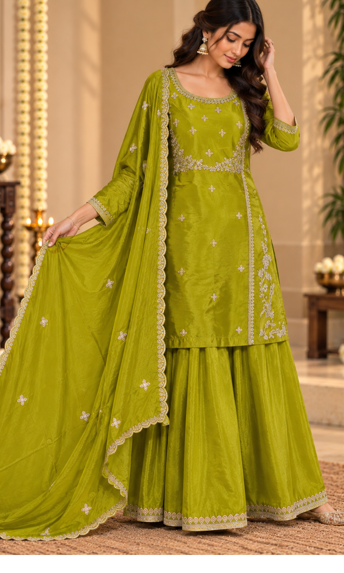 Olive Green Embroidered Palazzo Set