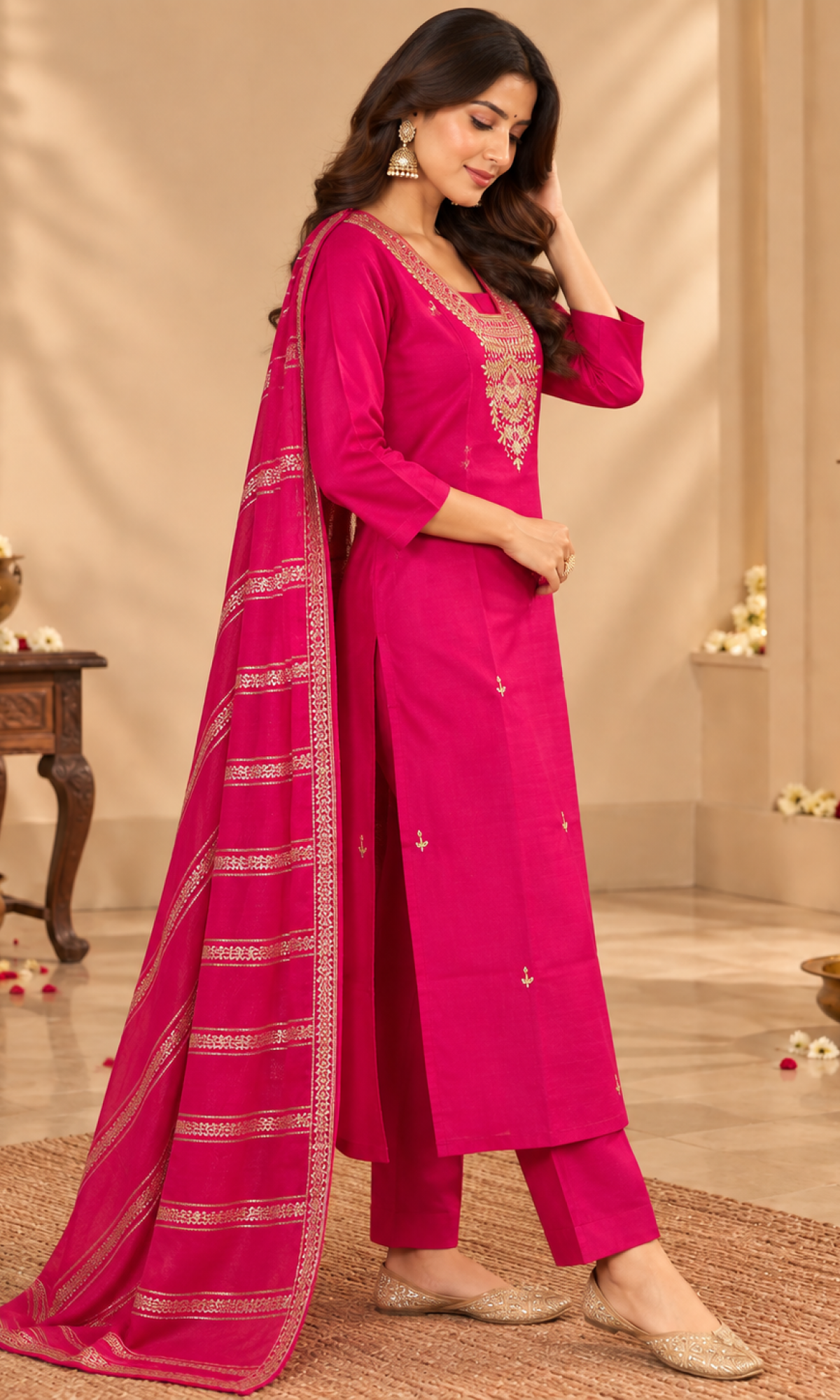 Magenta Embroidered Kurta Set