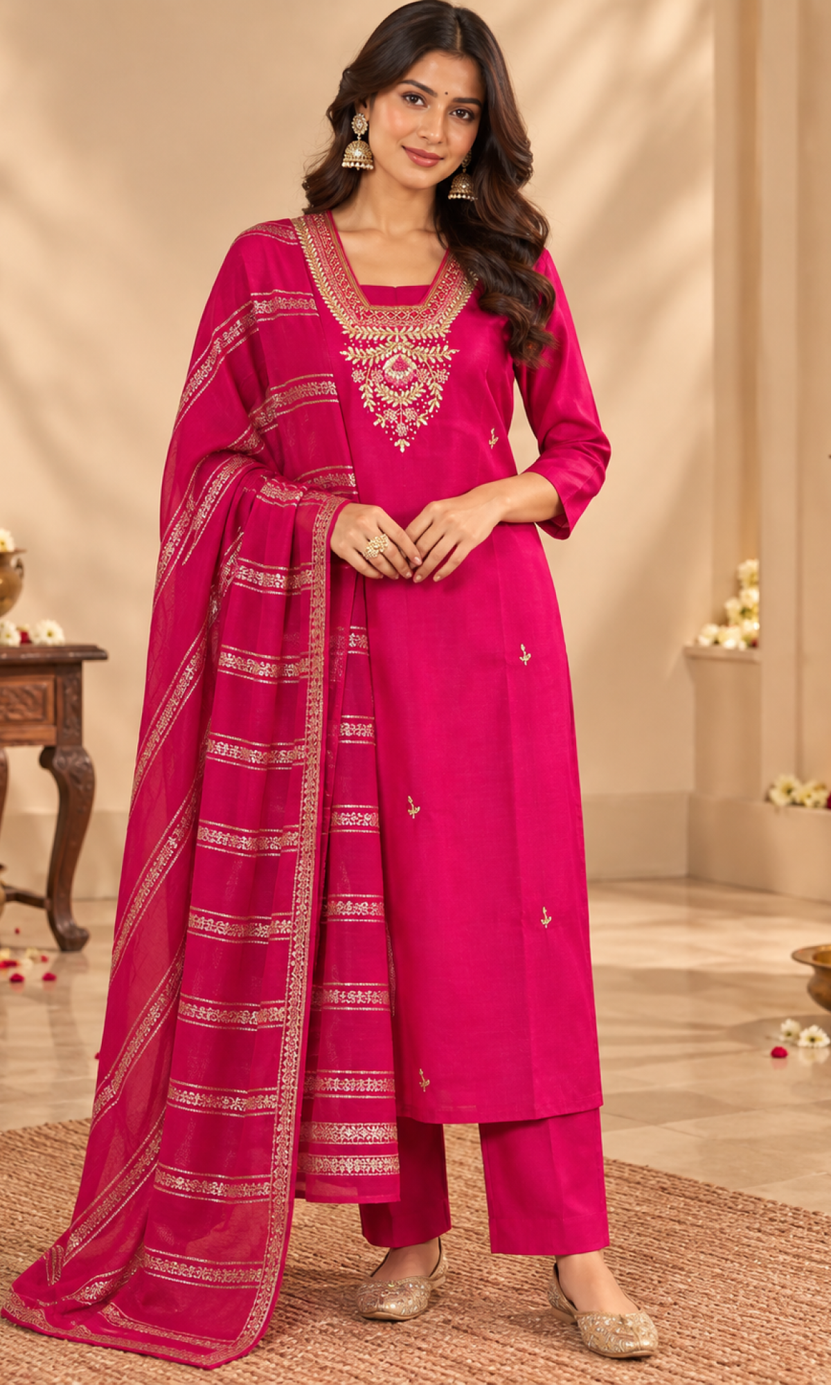 Magenta Embroidered Kurta Set