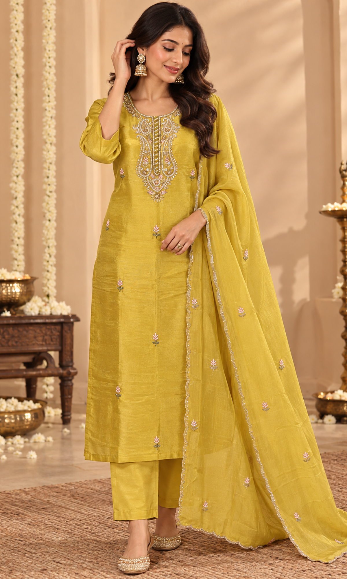 Mustard Embroidered Kurta Set