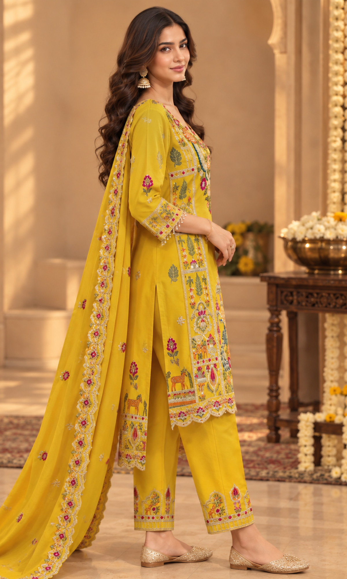 Yellow Floral Embroidered Kurta Set
