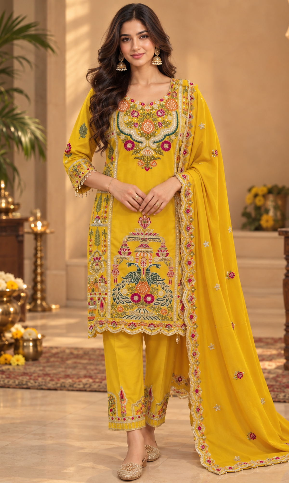 Yellow Floral Embroidered Kurta Set