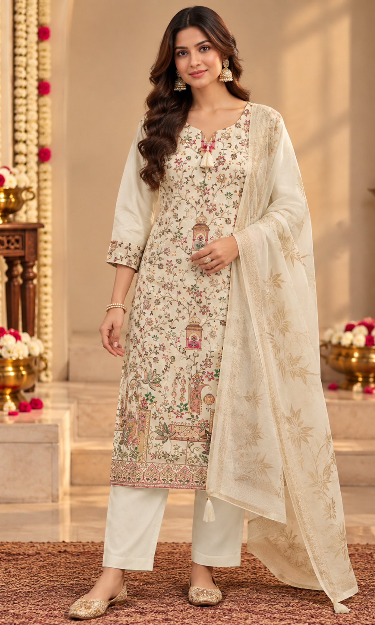 Cream Floral Embroidered Kurta Set