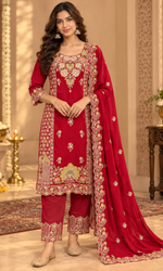Red Floral Embroidered Kurta Set