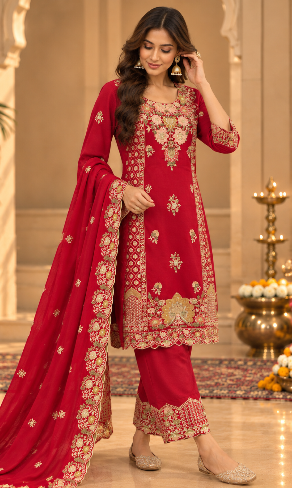 Red Floral Embroidered Kurta Set