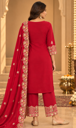 Red Floral Embroidered Kurta Set