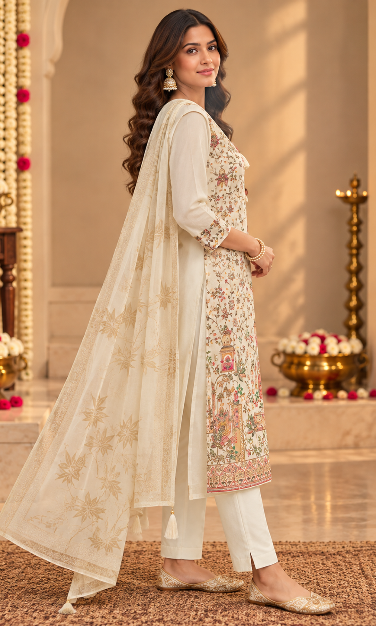 Cream Floral Embroidered Kurta Set