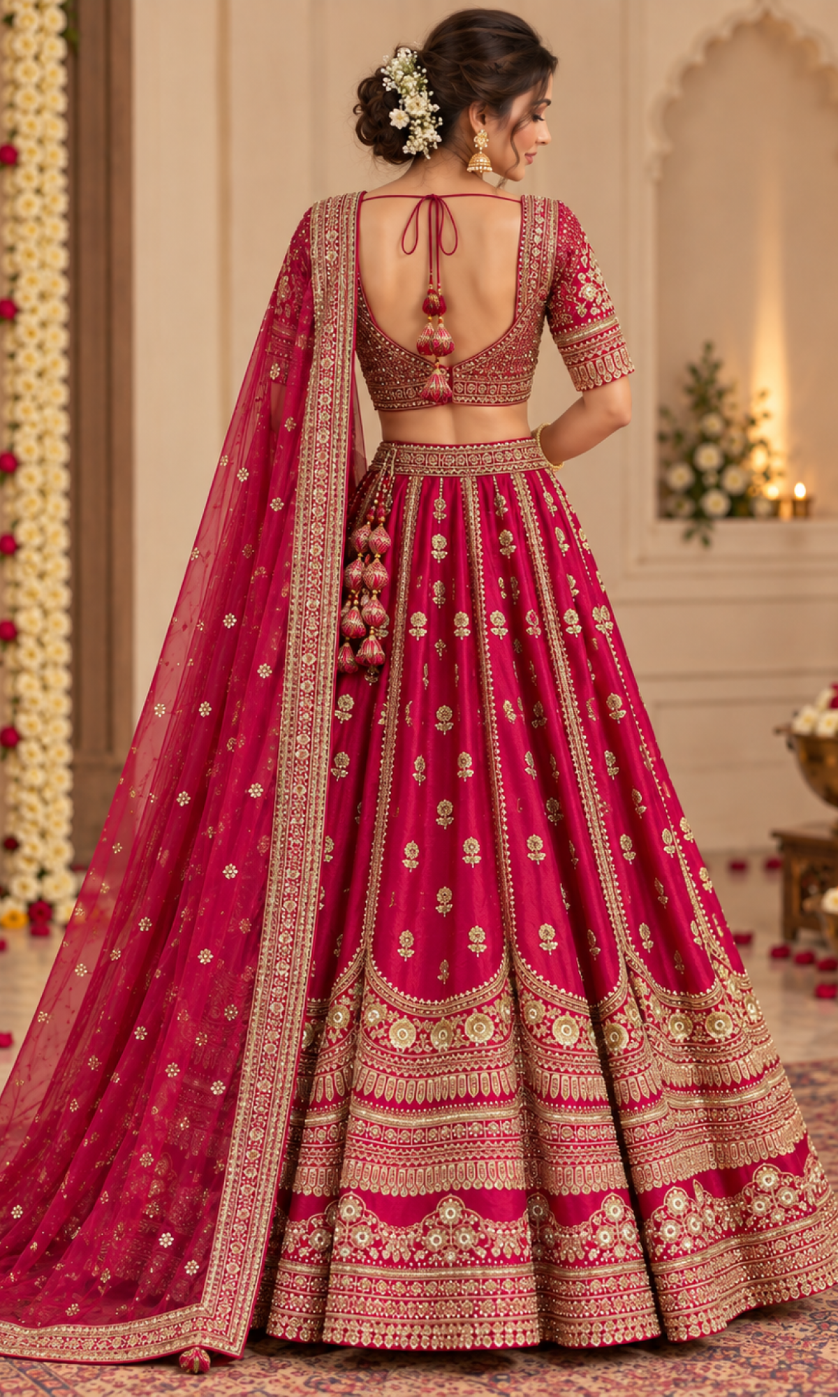 Red Bridal Floral Embroidered Lehenga