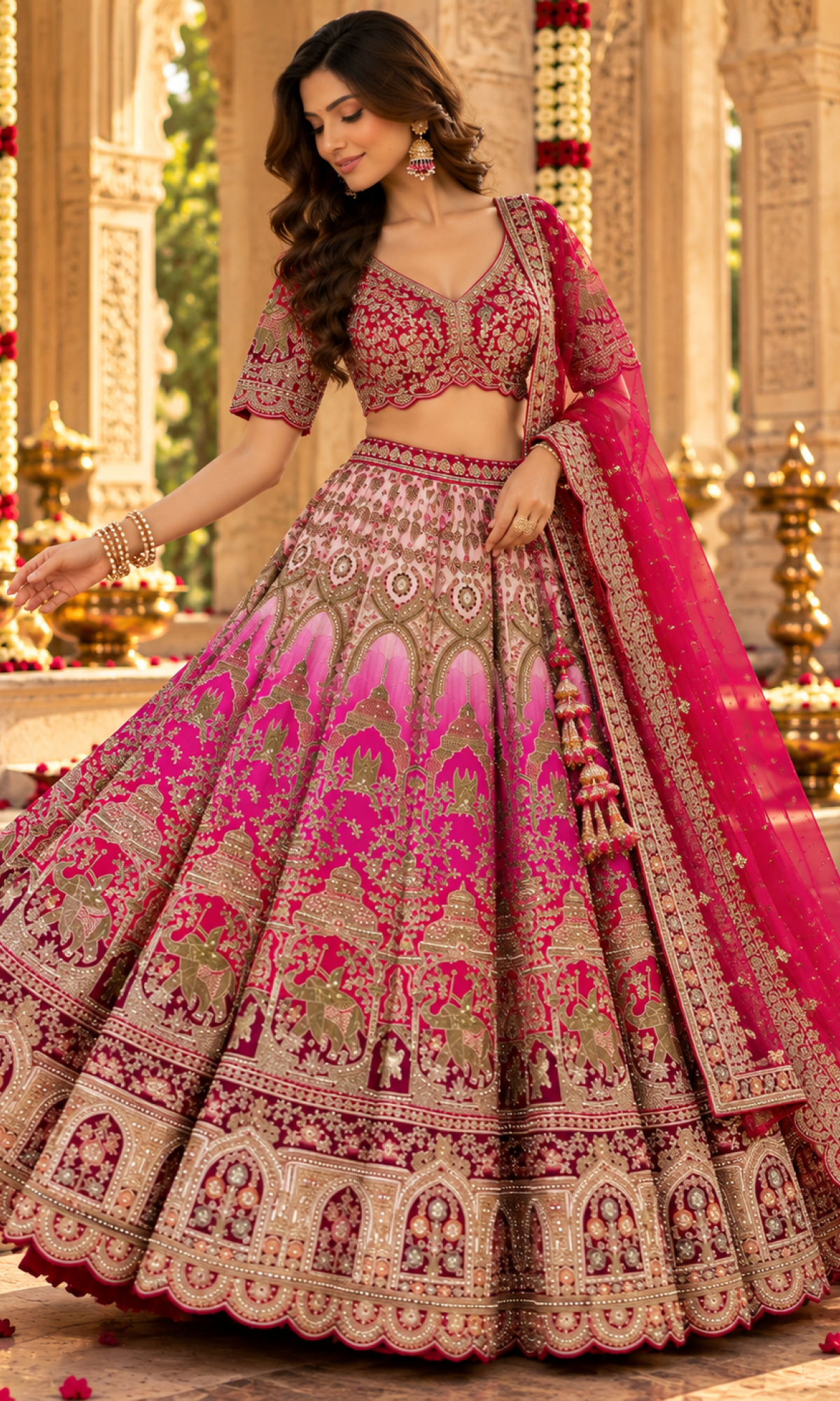 Red & Pink Bridal Embroidered Lehenga