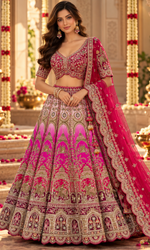 Red & Pink Bridal Embroidered Lehenga