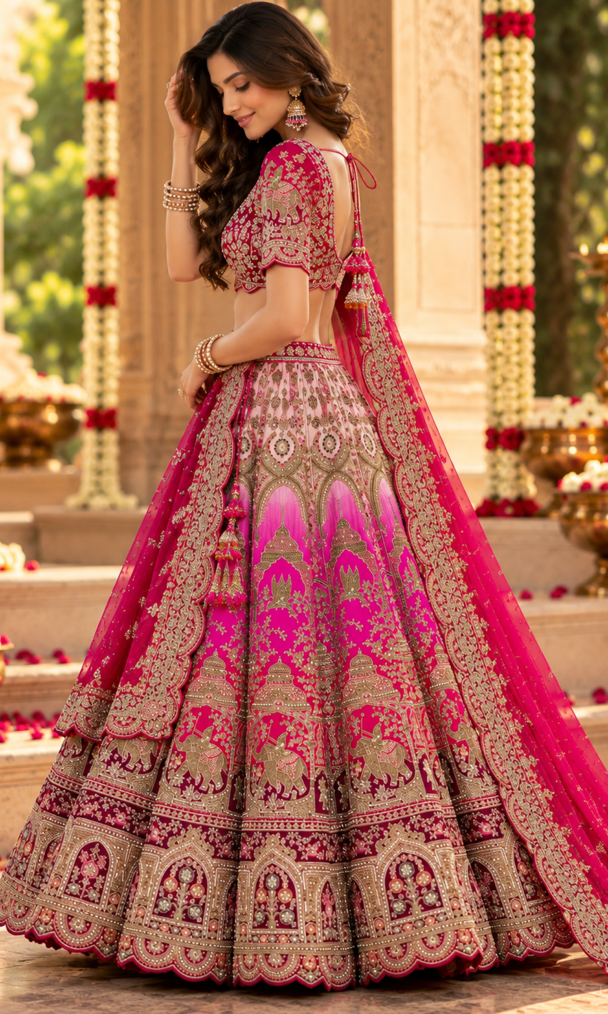Red & Pink Bridal Embroidered Lehenga