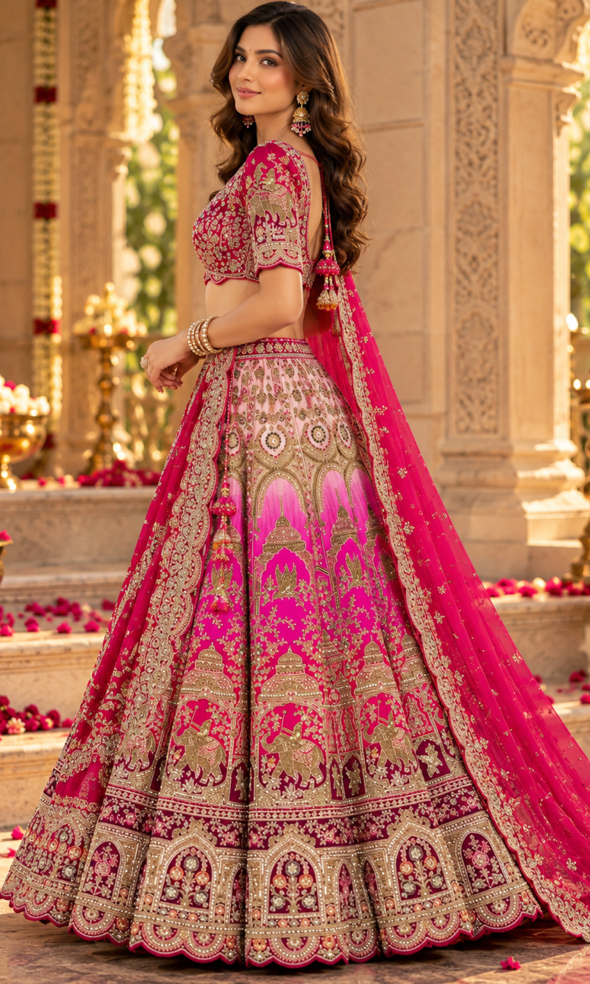 Red & Pink Bridal Embroidered Lehenga