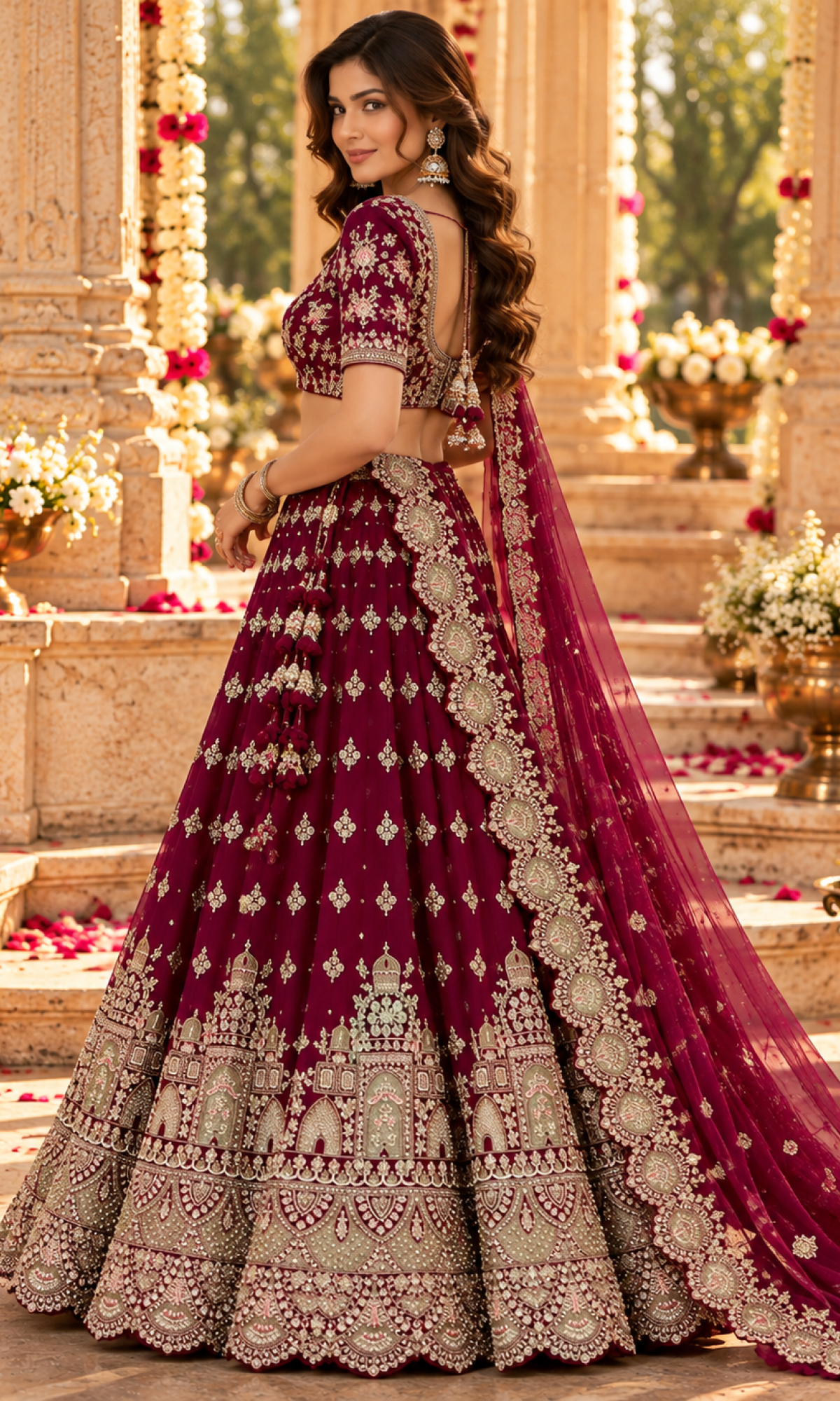 Wine Embroidered Bridal Lehenga