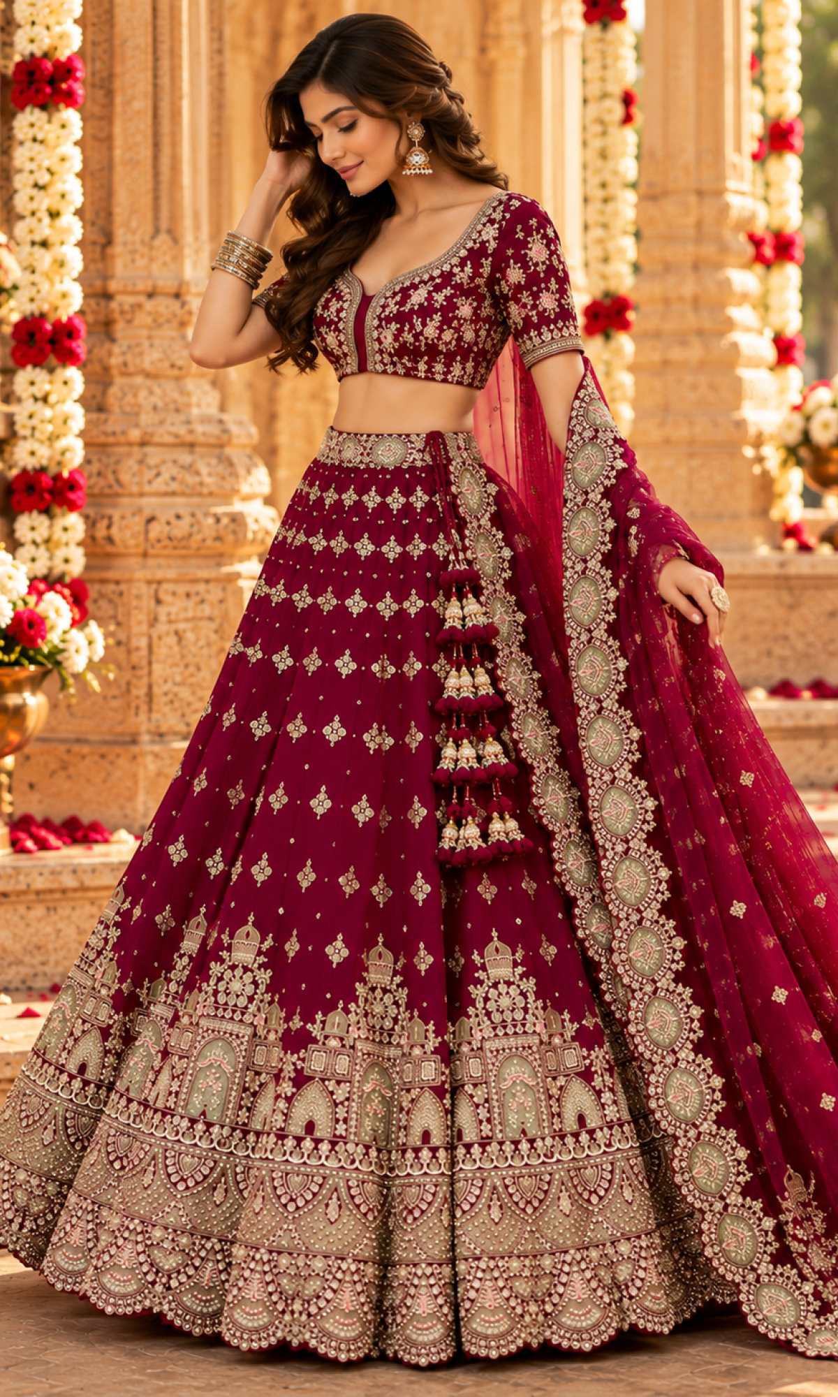 Wine Embroidered Bridal Lehenga