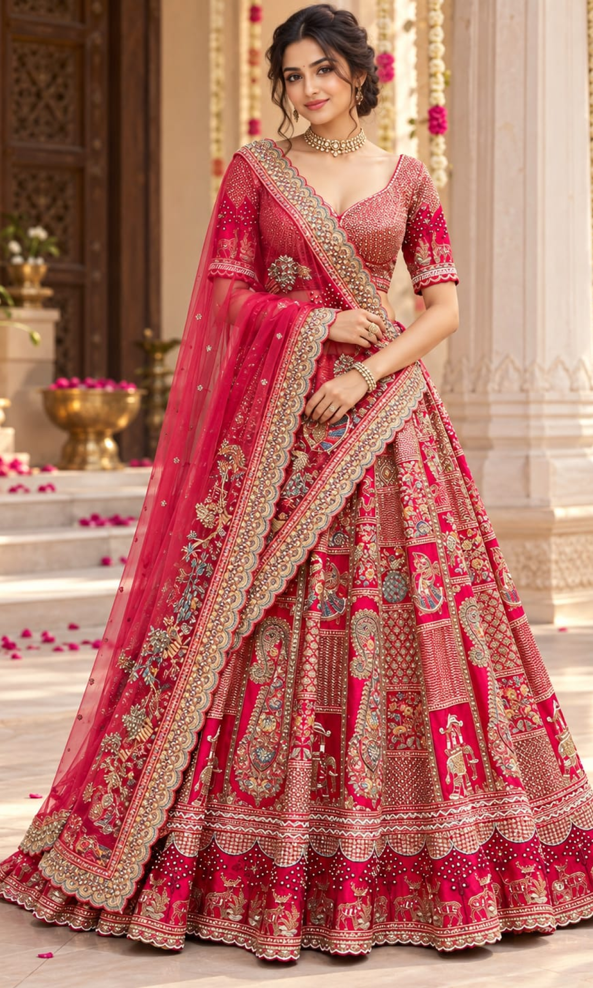 Red Embroiderd Bridal Lehenga With Dupatta