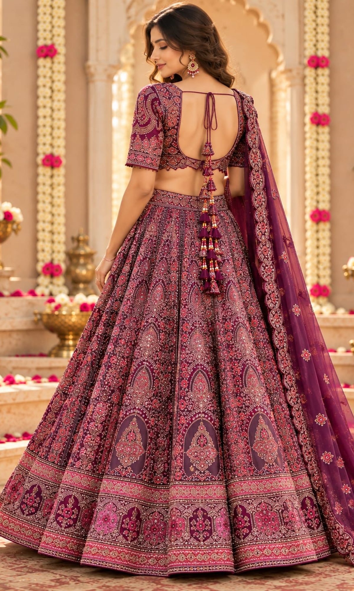 Wine Bridal Embroidered Lehenga