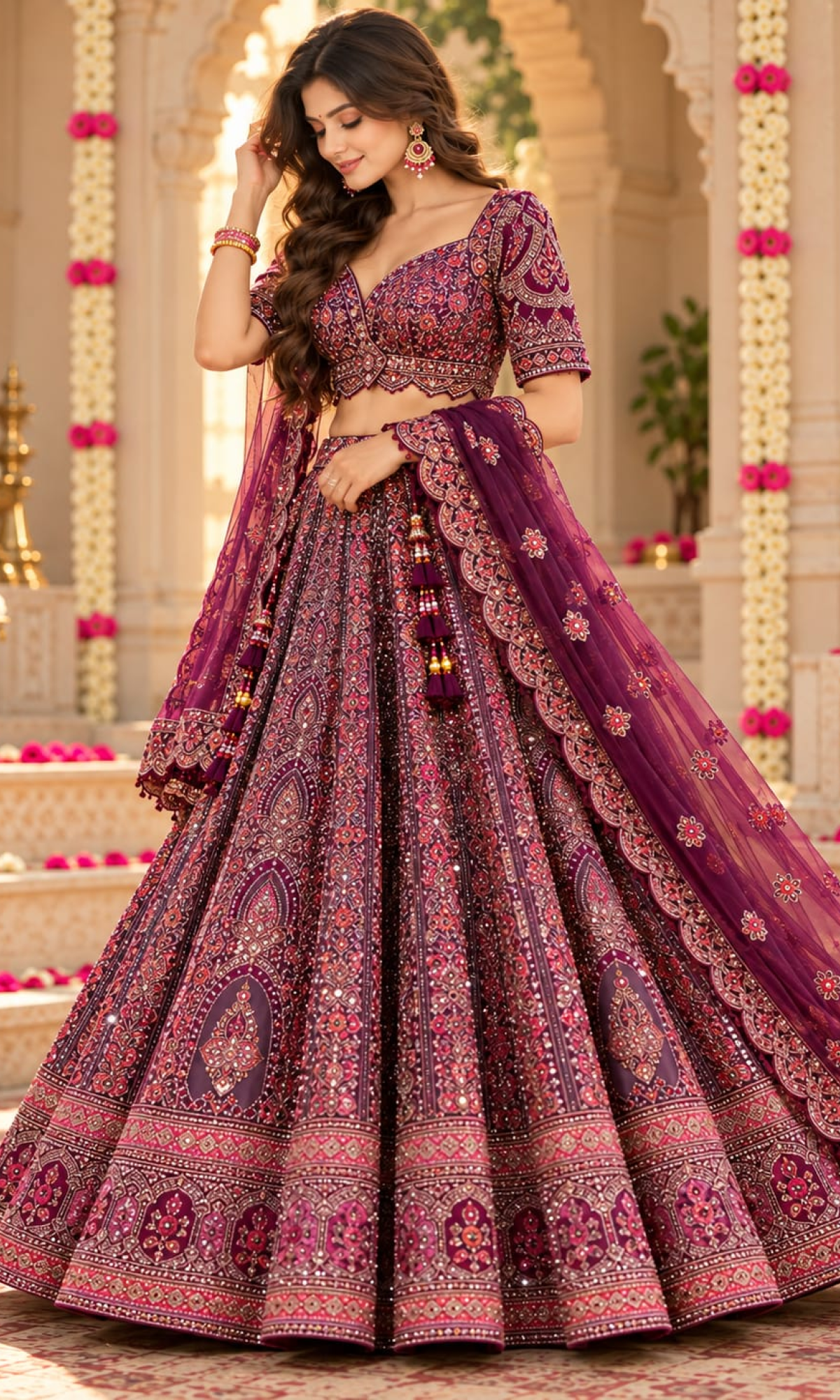 Wine Bridal Embroidered Lehenga