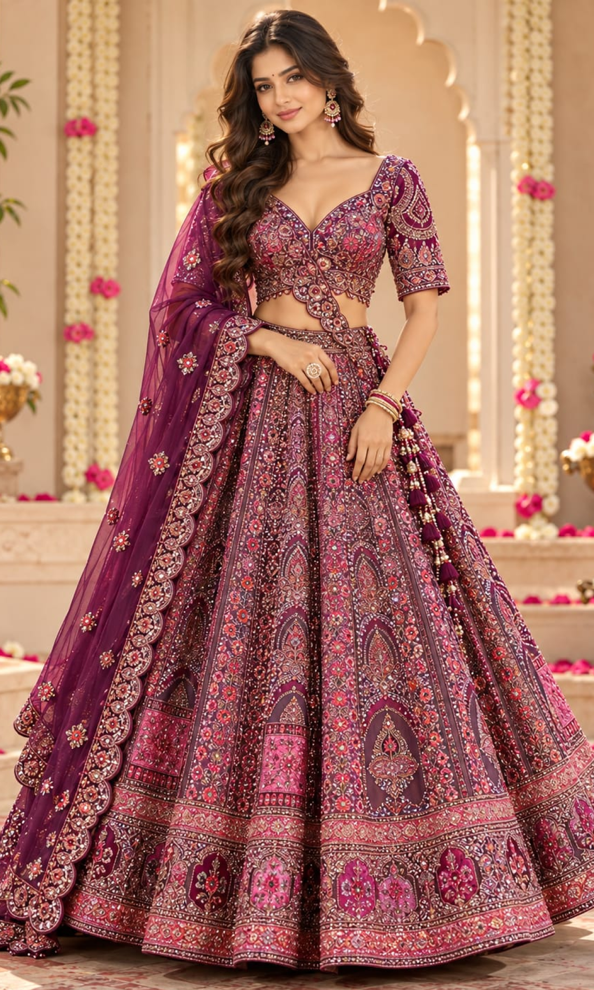 Wine Bridal Embroidered Lehenga