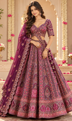 Wine Bridal Embroidered Lehenga
