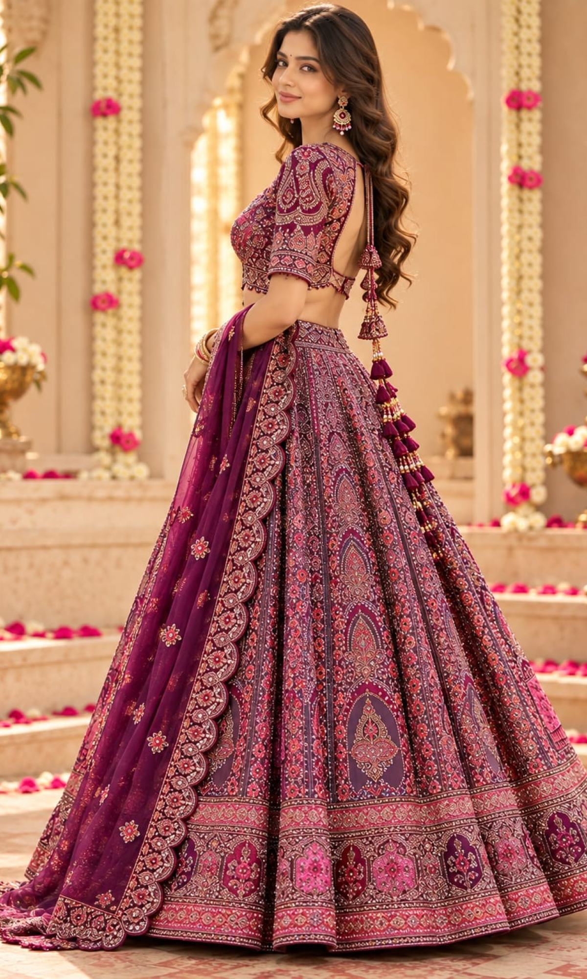 Wine Bridal Embroidered Lehenga