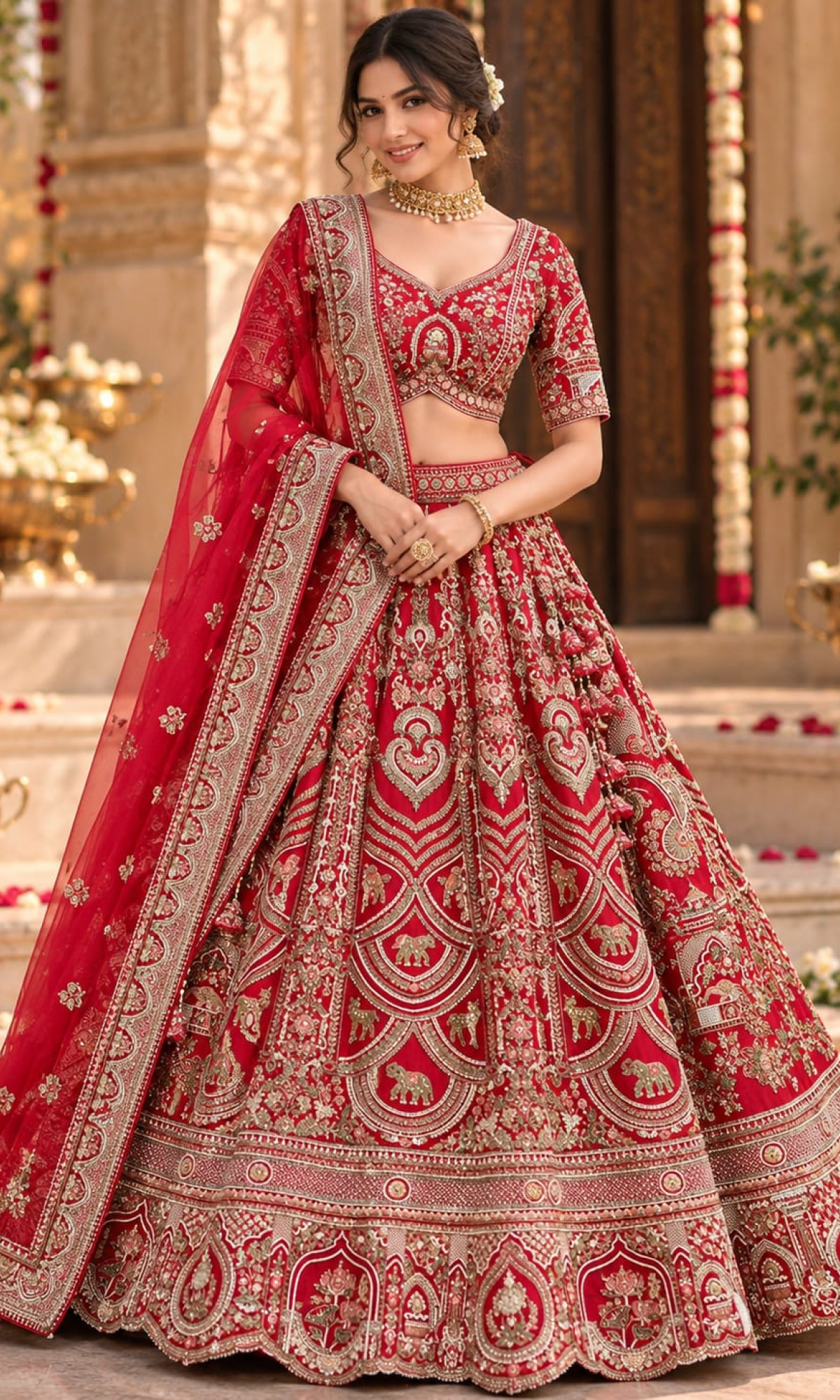Red Bridal Embroidered Lhenga