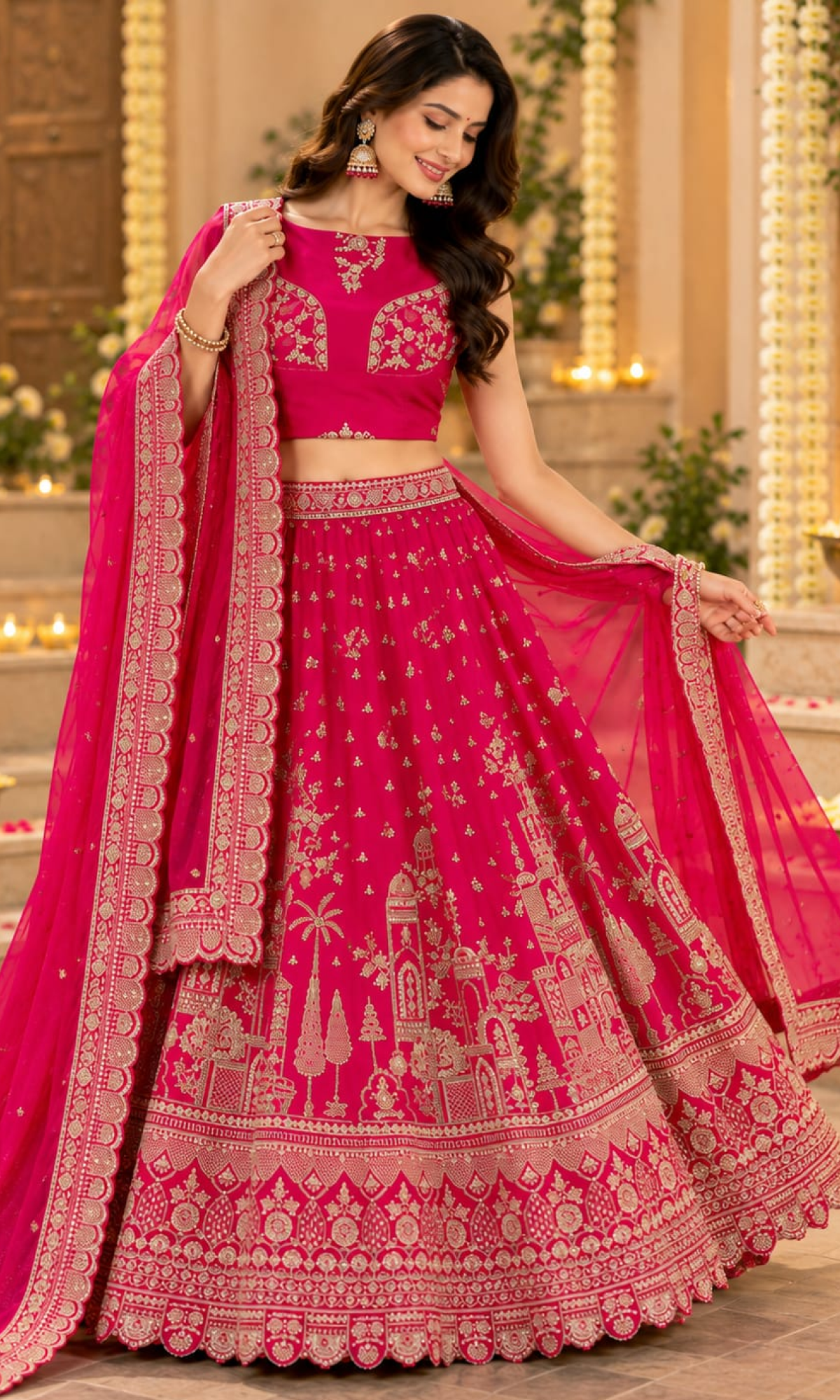 Pink Bridal Embroidered Lehenga With Unstitched Blouse