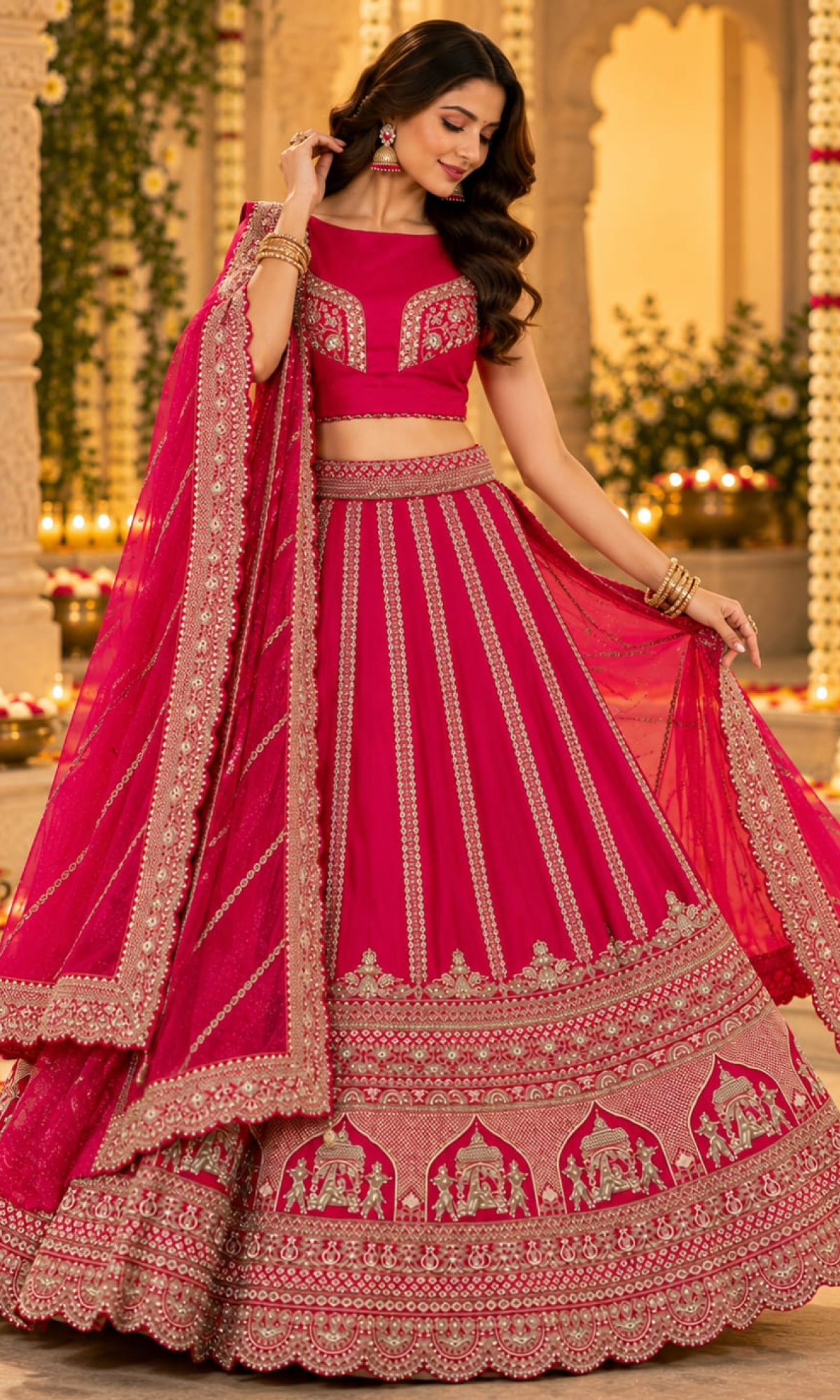 Pink Embroidered Bridal Lehenga With Unstitched Blouse