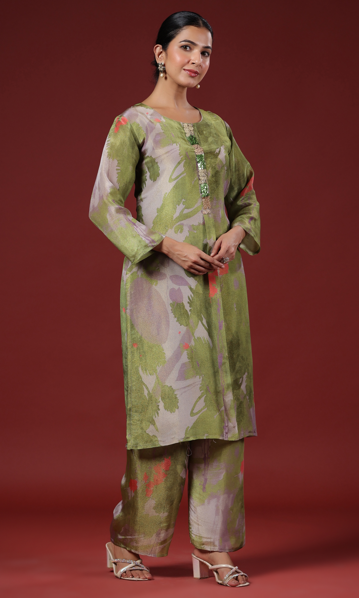 Green Semi Crepe Floral Printed Co-ord Set