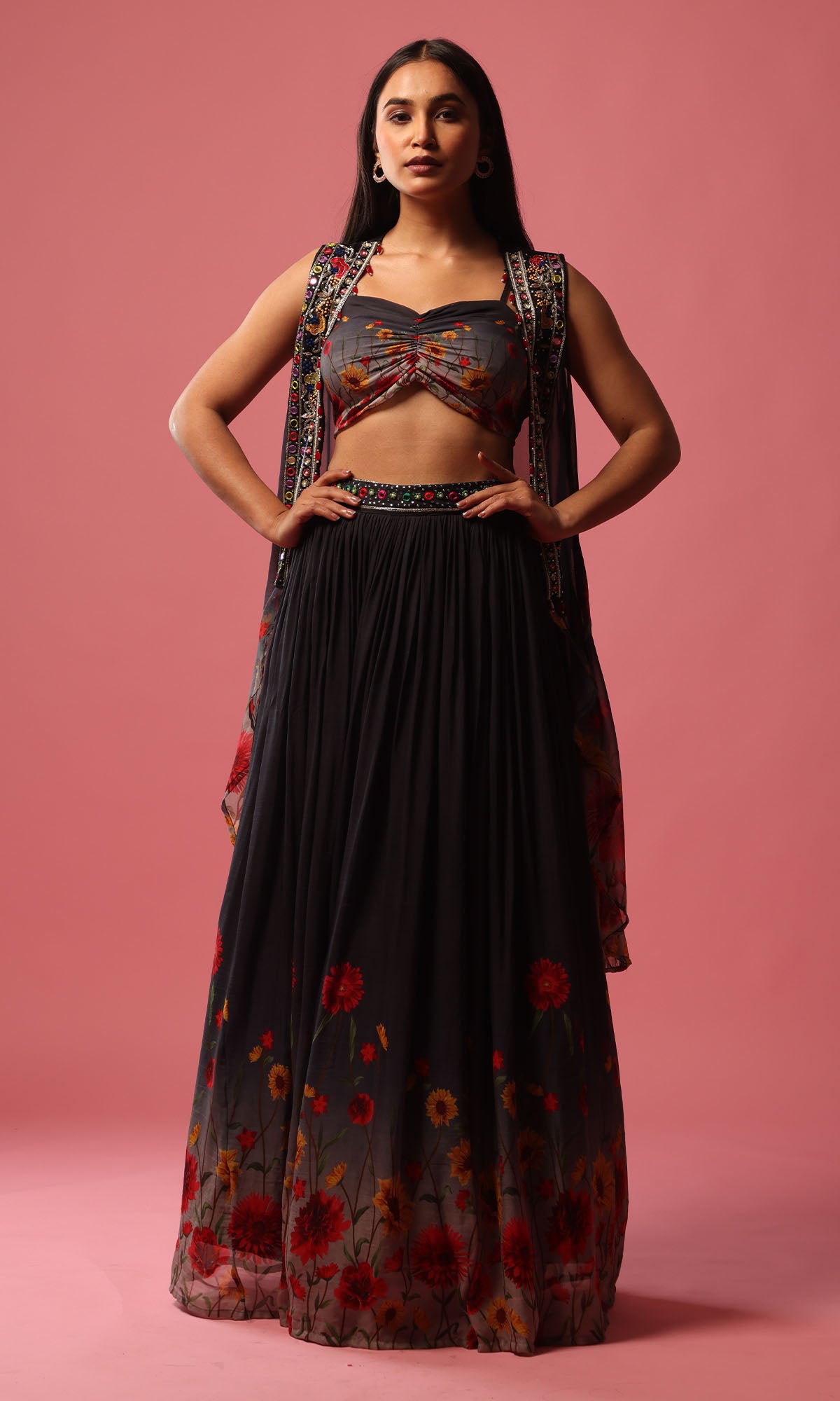Grey Georgette Mirrorwork Floral Print Skirt With Embellished Jacket