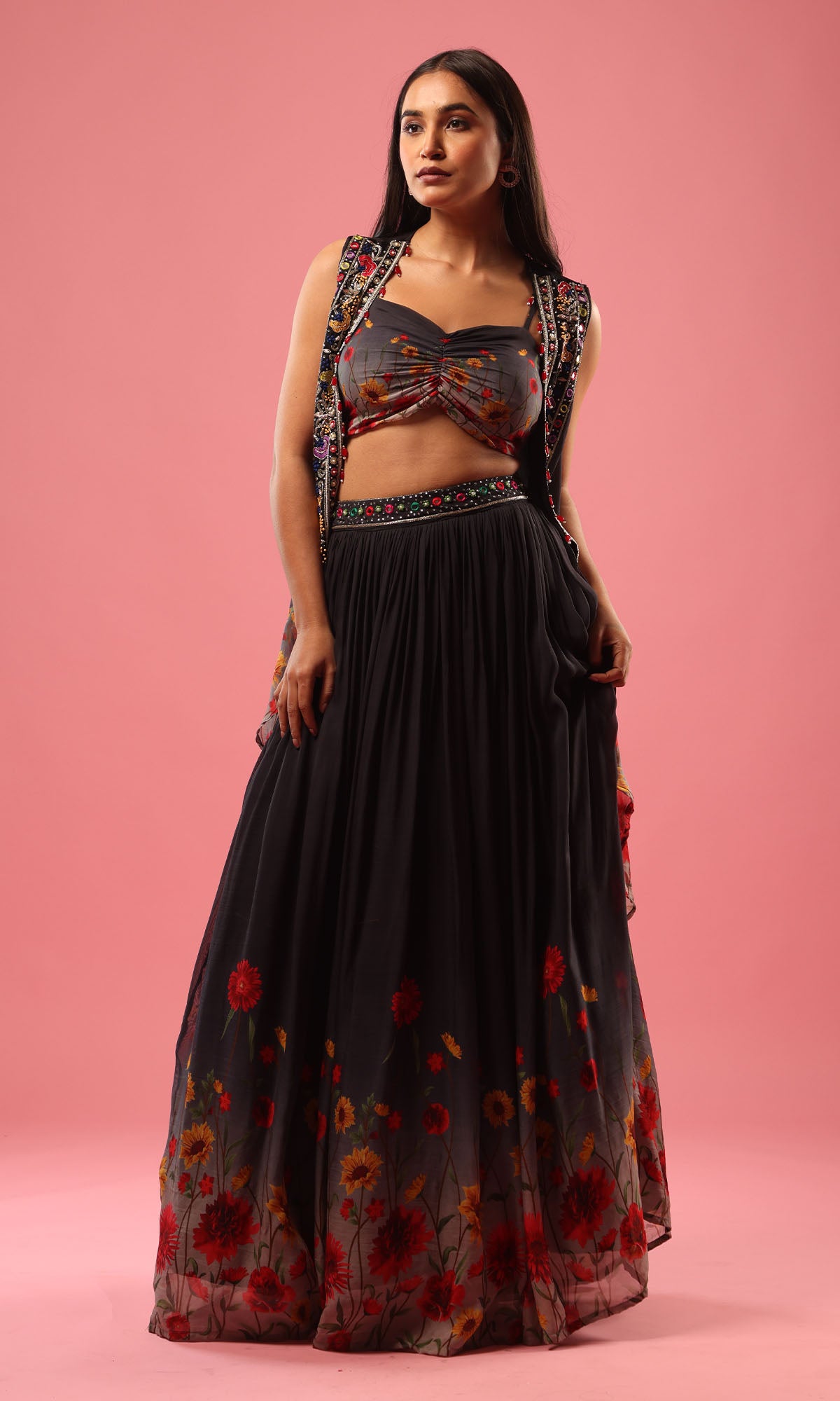 Grey Georgette Mirrorwork Floral Print Skirt With Embellished Jacket