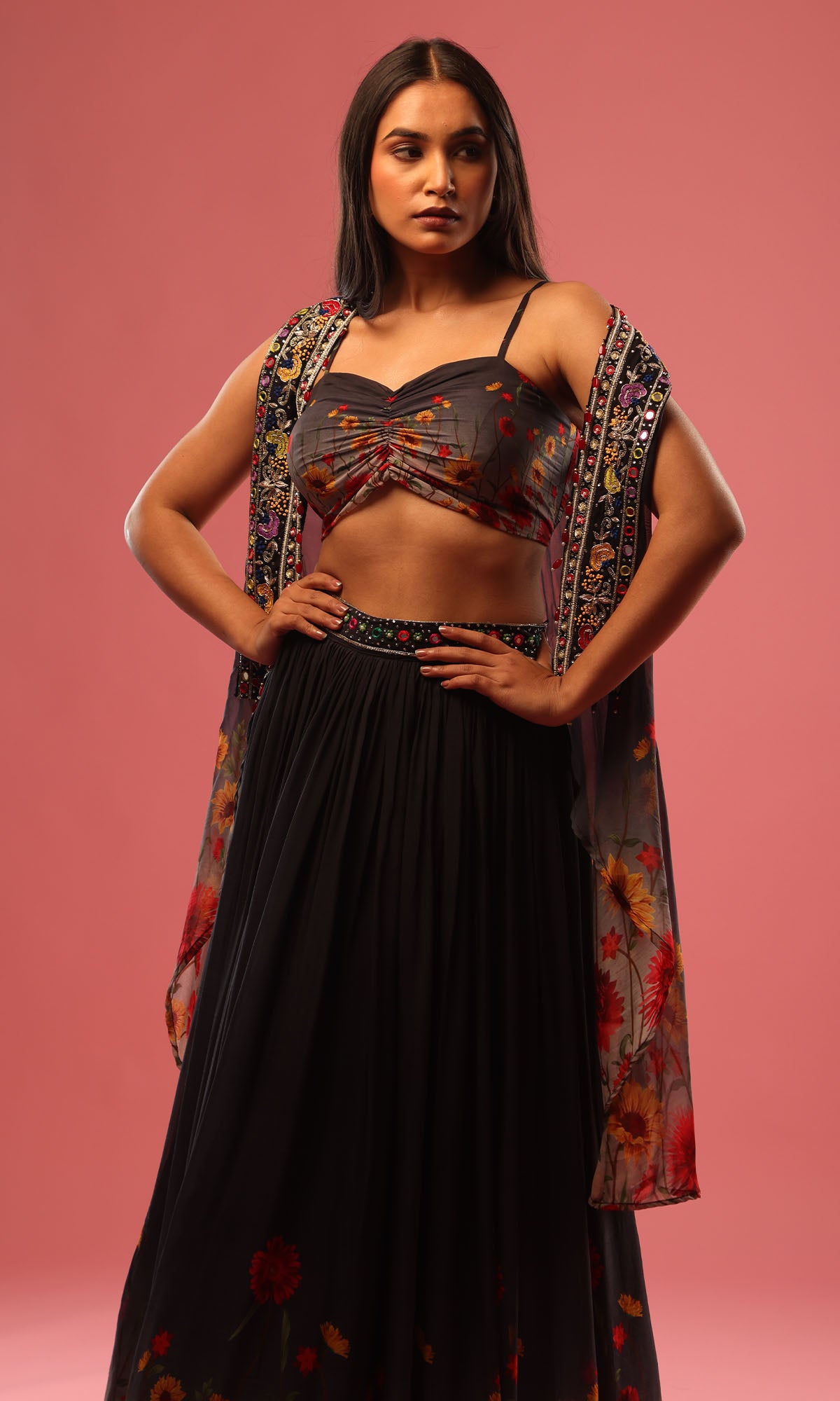 Grey Georgette Mirrorwork Floral Print Skirt With Embellished Jacket