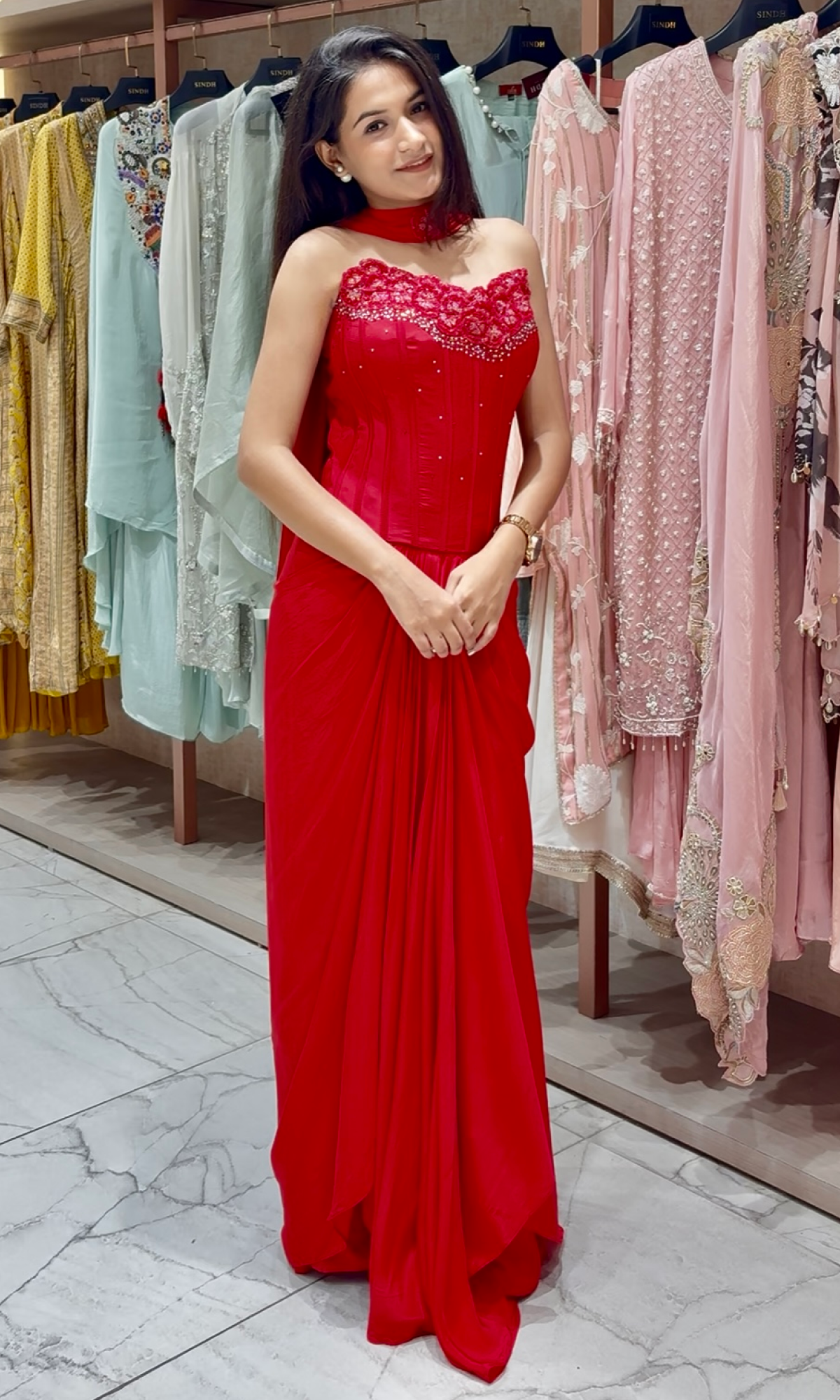 Red Semi-Satin Corset With Drape Skirt