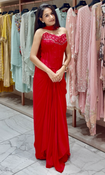 Red Semi-Satin Corset With Drape Skirt