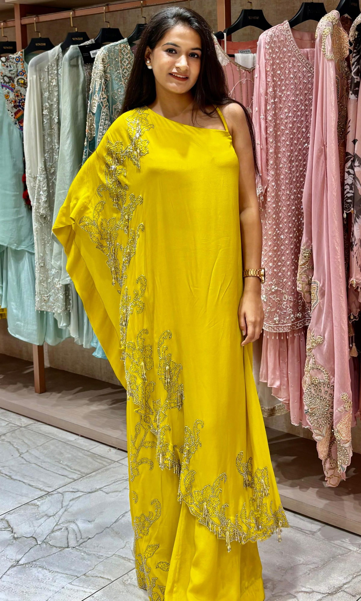One Shoulder Yellow Embroidered Co-Ord Set
