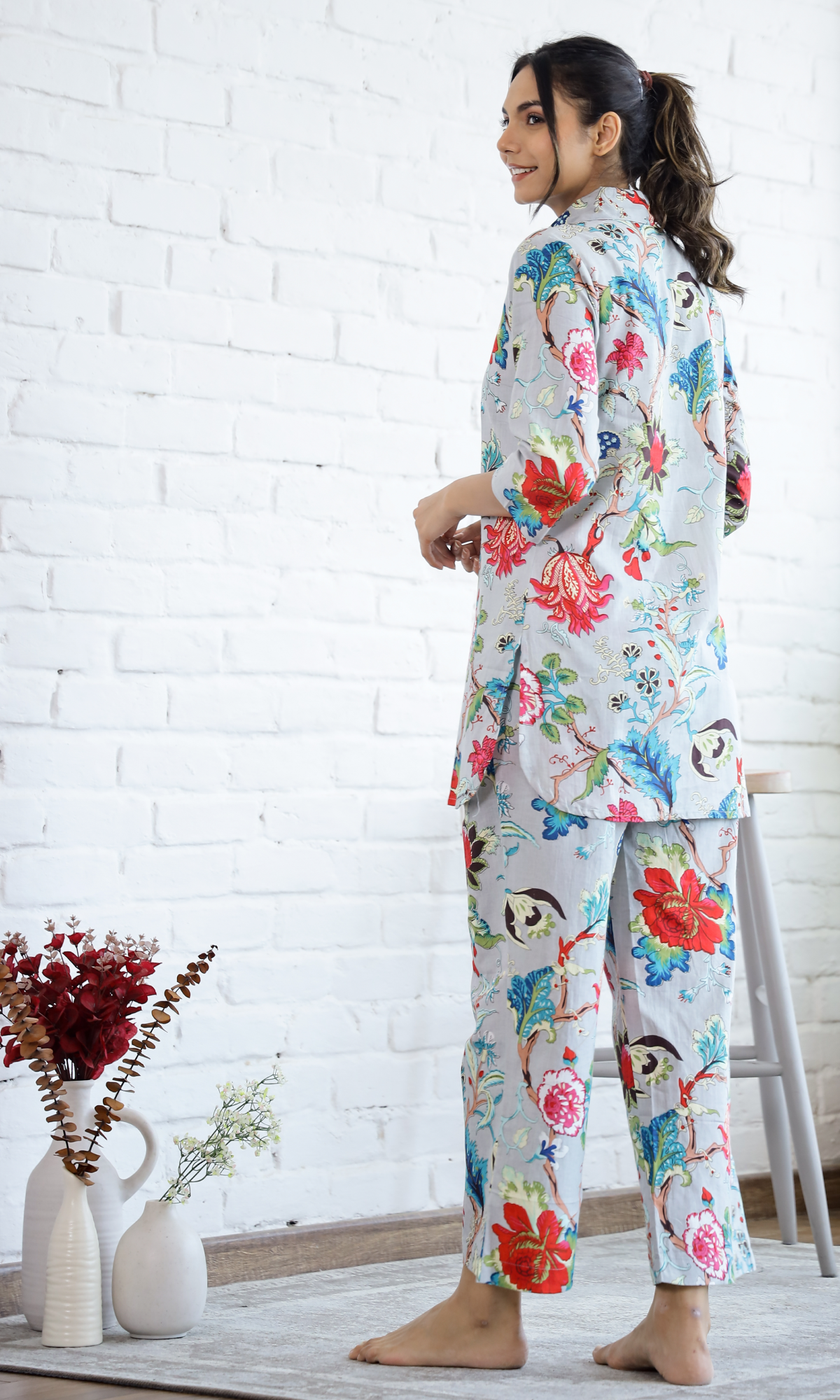 Grey Cotton Floral Co-ord Set