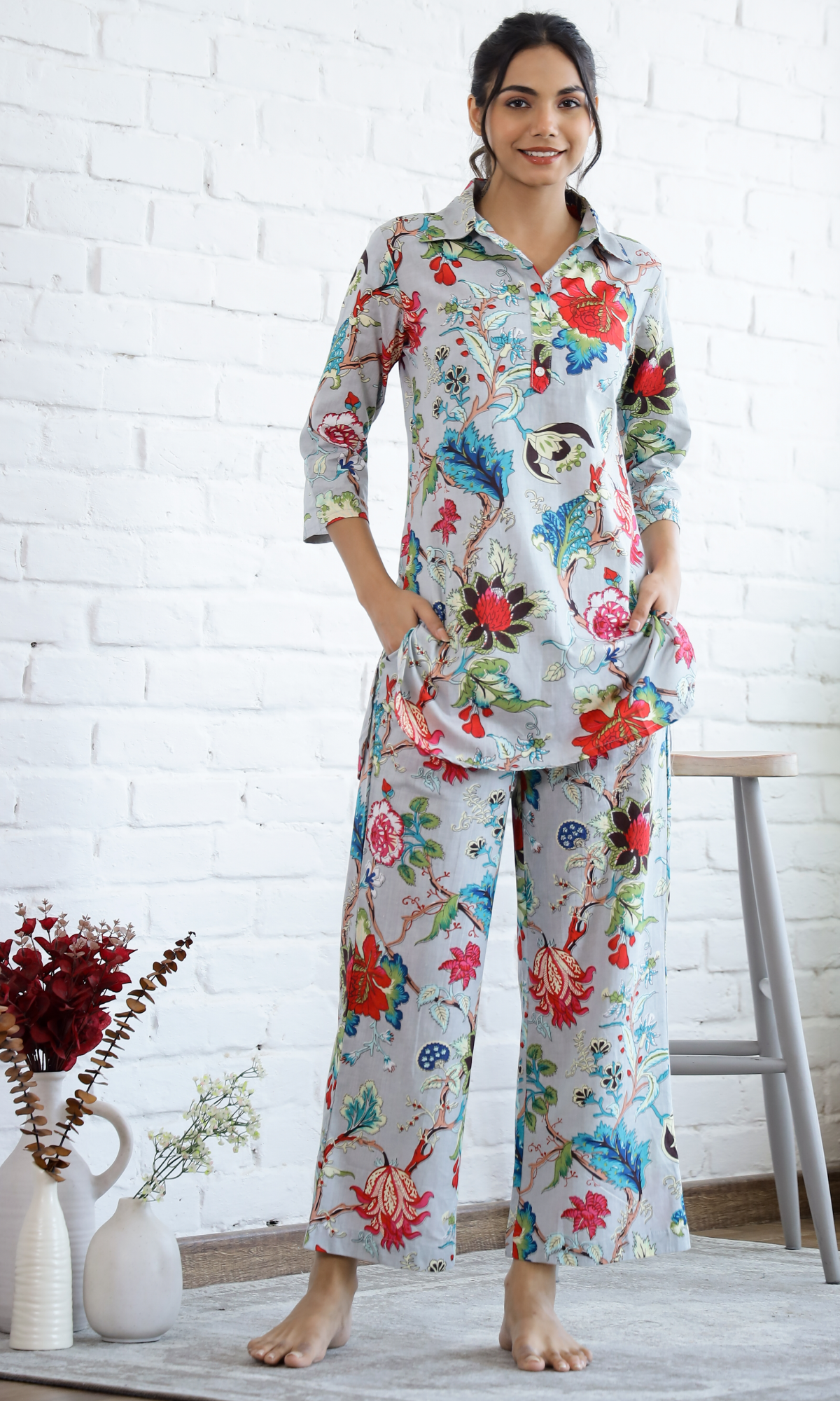 Grey Cotton Floral Co-ord Set