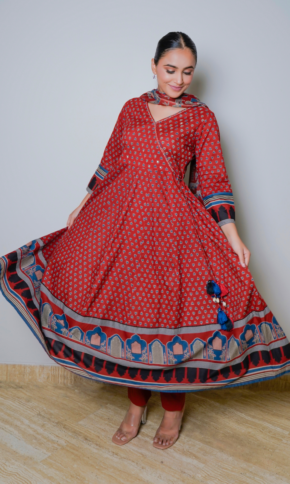 Maroon Cotton Printed Angrakha Style Set