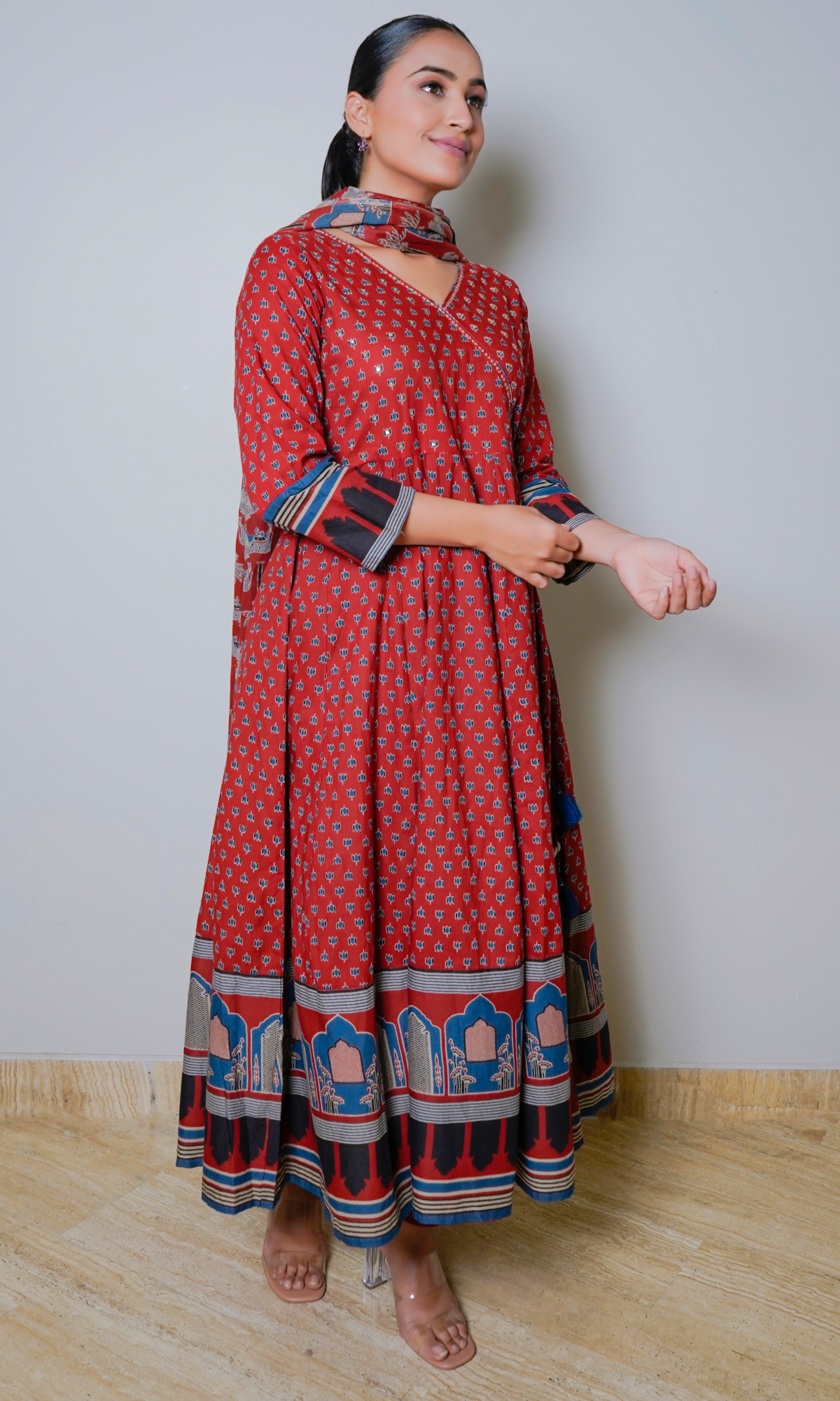 Maroon Cotton Printed Angrakha Style Set