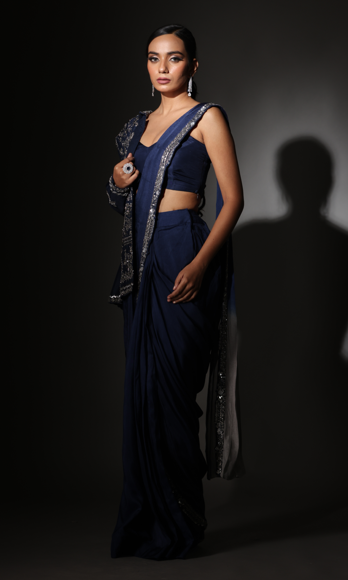 Navy Blue Semi Georgette Embroidered Saree With Stitched Blouse And Jacket