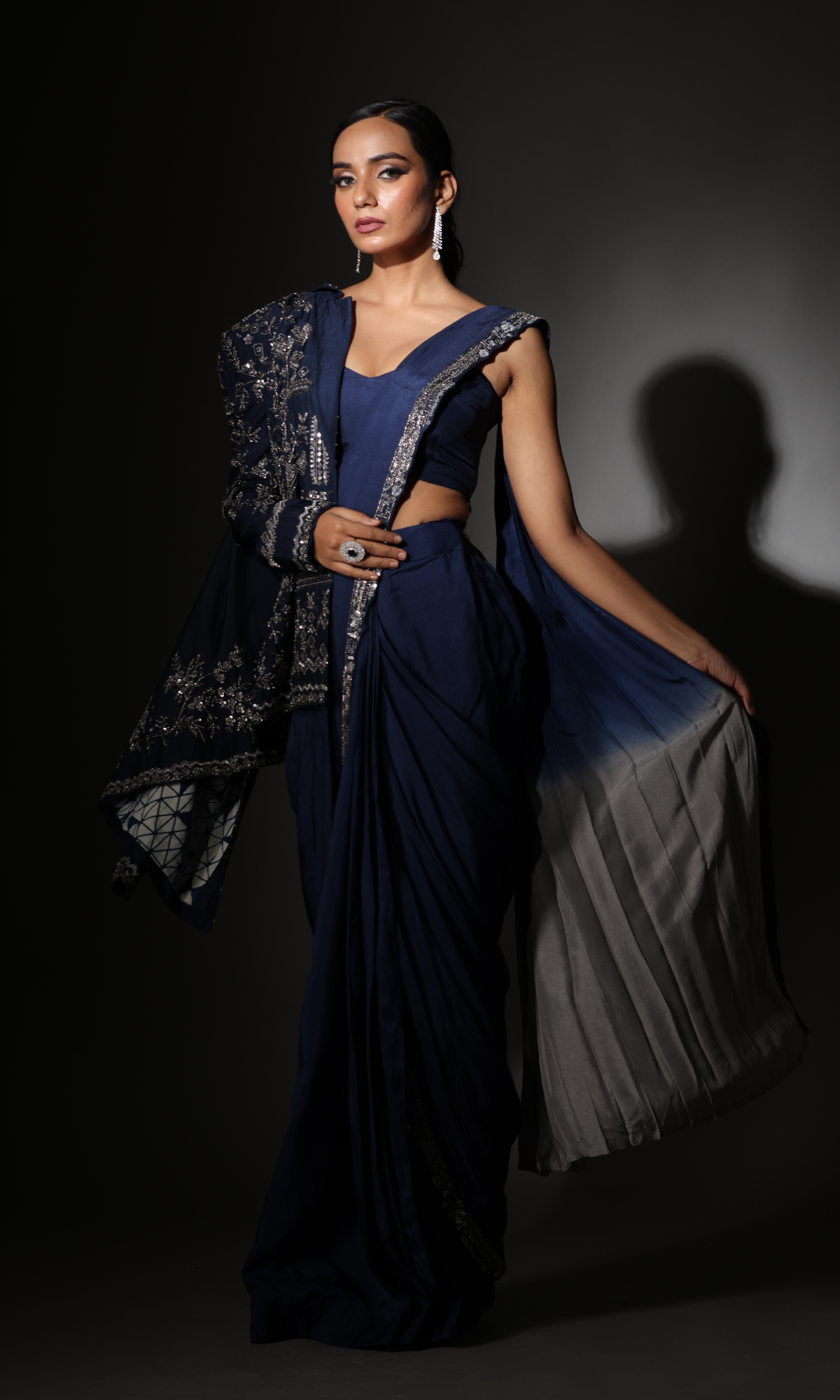 Navy Blue Semi Georgette Embroidered Saree With Stitched Blouse And Jacket