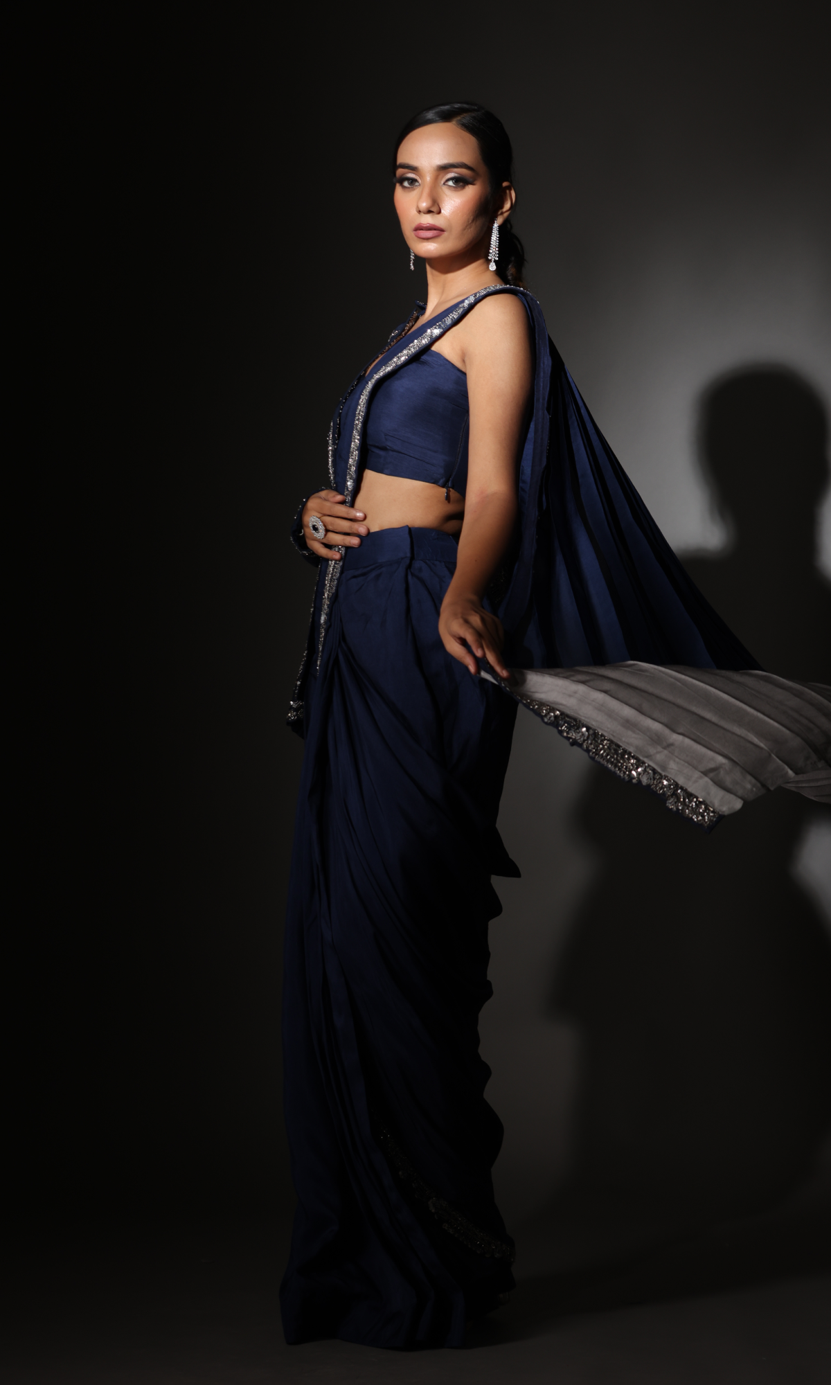 Navy Blue Semi Georgette Embroidered Saree With Stitched Blouse And Jacket