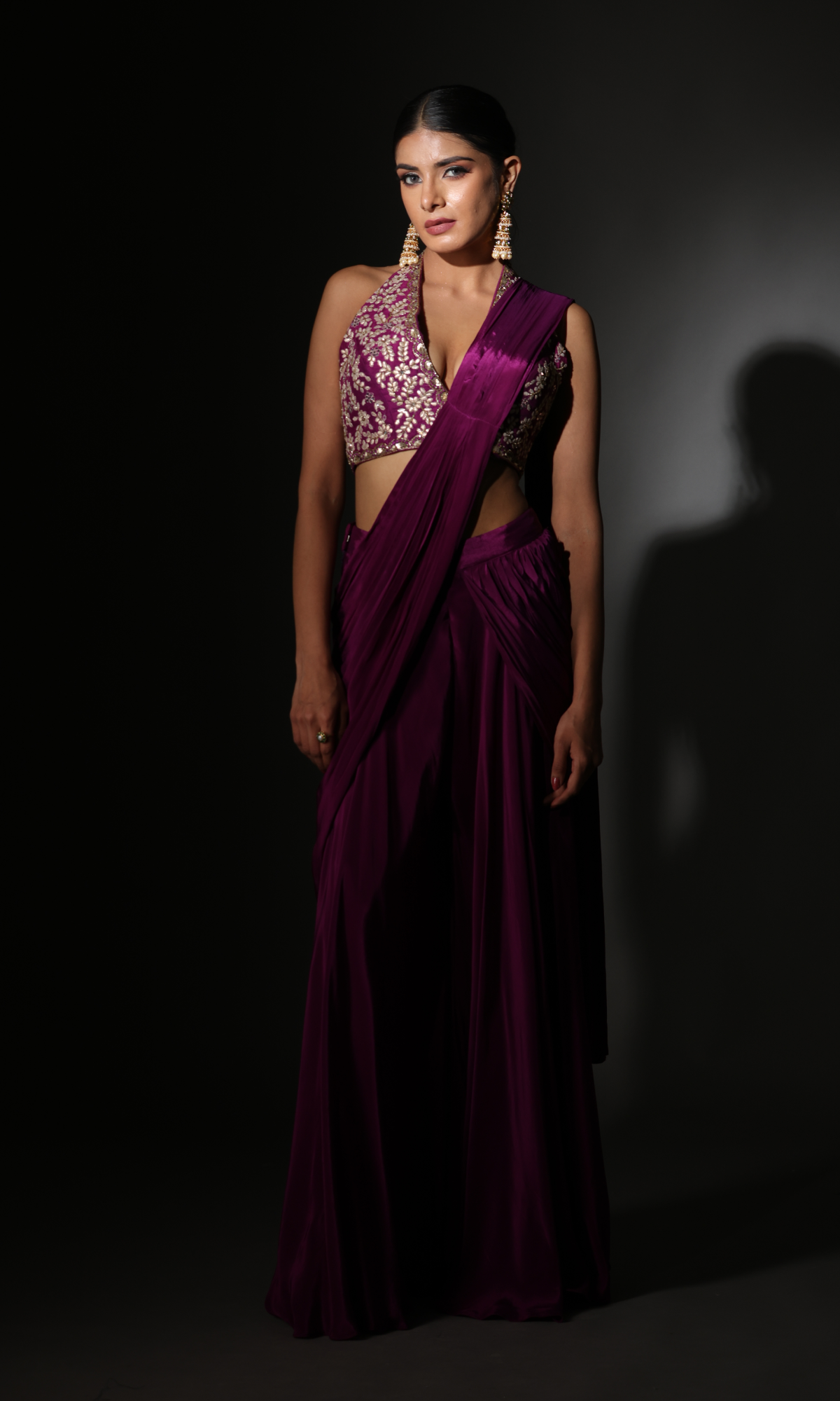 Purple Lycra Embroidered Saree With Stitched Blouse