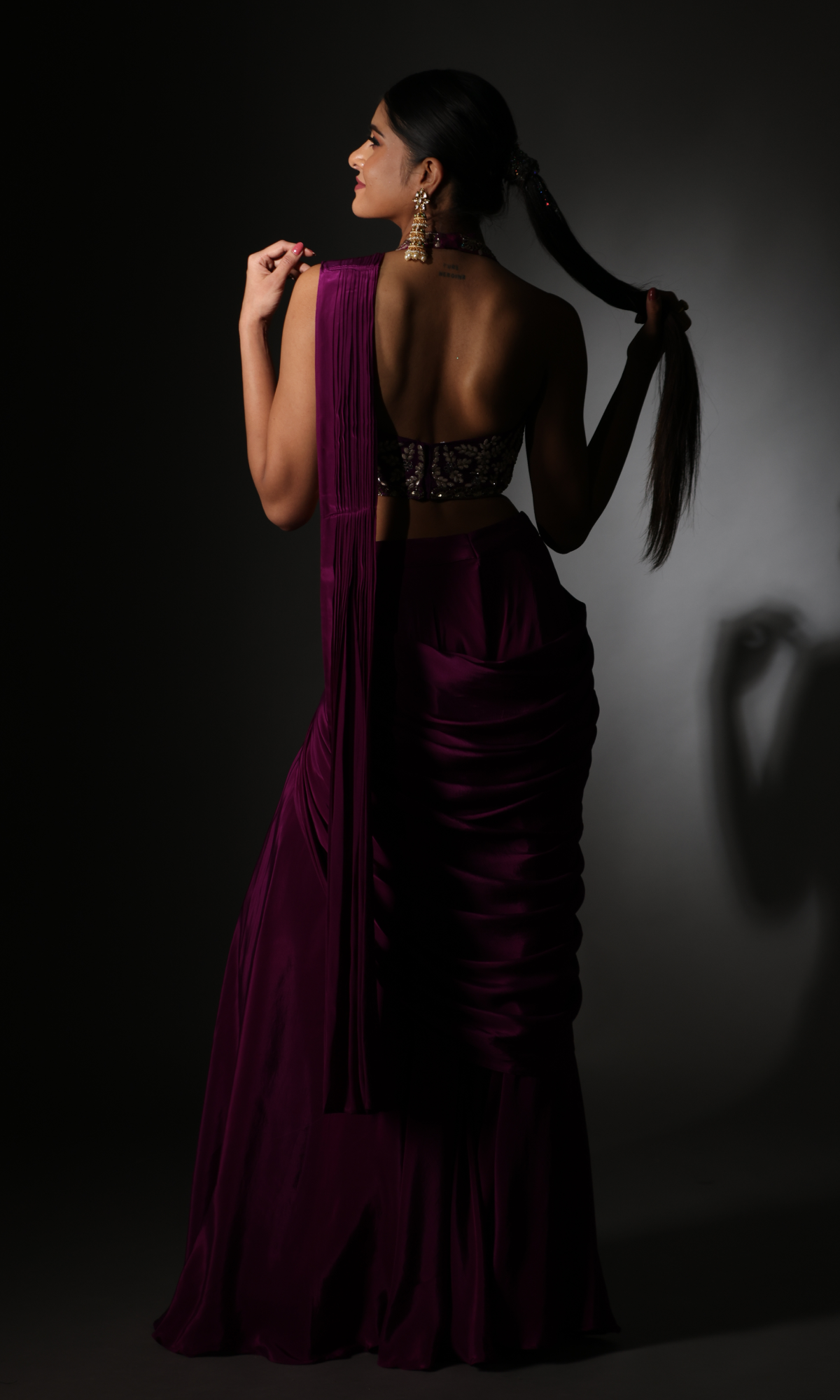 Purple Lycra Embroidered Saree With Stitched Blouse