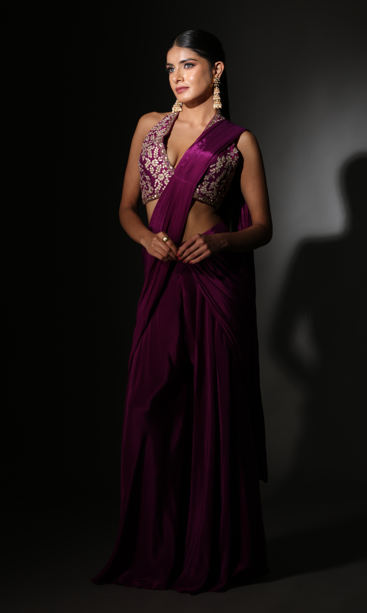 Purple Lycra Embroidered Saree With Stitched Blouse